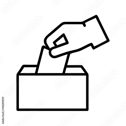 outline icon of hand placing ballot into voting box, symbol of civic participation, election process and democratic choice, black on white