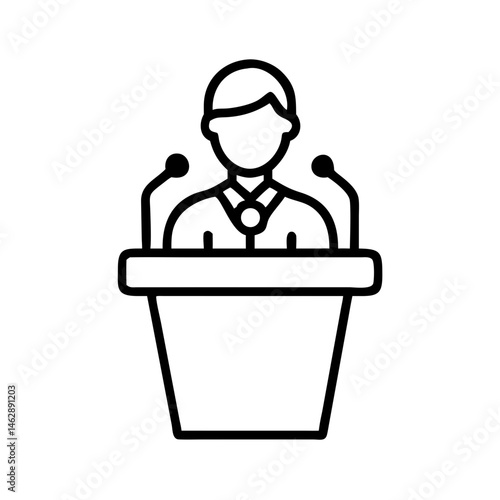outline icon of elected official speaking at podium with microphones and medal, symbol of leadership, public speech and election results, black on white