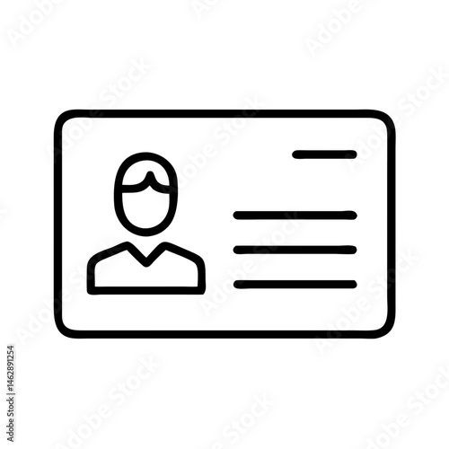 outline icon of identification card with person photo and text, symbol of voter ID, registration or civic documentation, black on white