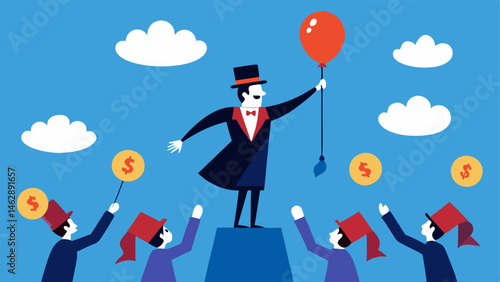Floating Deals A magician levitating above a crowd surrounded by floating balloons with various sale prices printed on them.