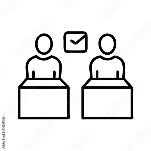 outline icon of two political candidates at debate podiums with check mark, election choice concept, local campaign symbol, black on white