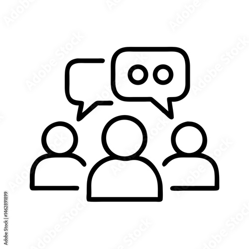 outline icon of community discussion with three people and speech bubbles, group communication concept for local election campaign, black on white