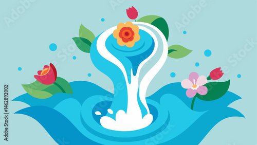Natures Splash A dynamic waterfall illustrated with a variety of flowers including roses lilies and irises depicted in a lively flow. The arrangement creates a sense of motion as