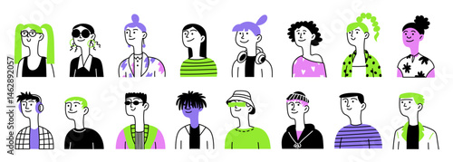 Diversity set of young people. Man and woman, international, different shapes. Avatar. Vector linear doodle isolated illustration