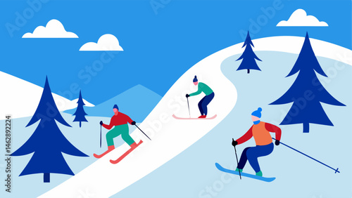 Inclusive Skiing Skiers using sitskis and monoskis gracefully descending a snowy slope with snowy trees and a bright blue sky in the background.