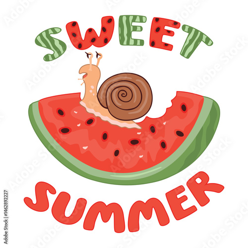 Sweet summer cartoon card with cute snail and watermelon slice. Juicy fruit partially eaten by an animal character. Red, green and brown colors on white background. Vector summertime illustration.