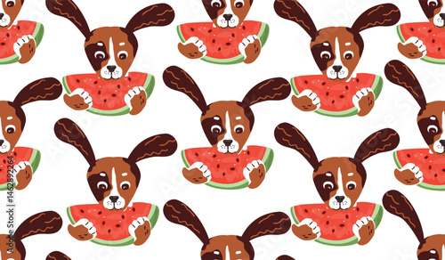 Cartoon seamless pattern with funny doggy and watermellon slice. Funny animal character eats juicy fruit. Red, brown and green colors on white. Vector design.              