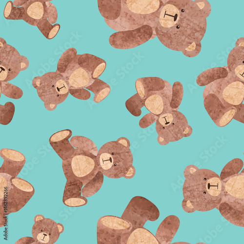 Cute teddy bear seamless pattern. Vector watercolor ilustration