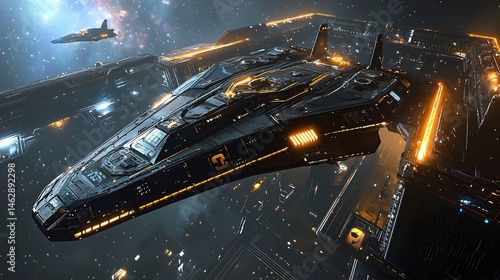 Fototapeta Naklejka Na Ścianę i Meble -  Futuristic space station floating a distant galaxy with ships docking and neon lights glowing cinematic interstellar hub