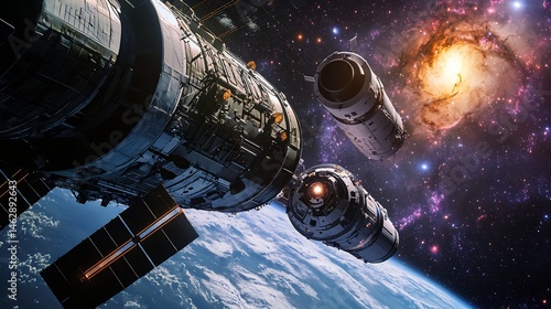 Fototapeta Naklejka Na Ścianę i Meble -  Futuristic spacecraft docking a massive space station vast galaxies in the background cinematic space docking