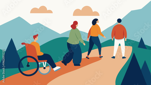 Hiking with Assistance A group of adventurers is hiking a trail with one member using a specialized wheelchair designed for rough terrain all enjoying the views and sharing