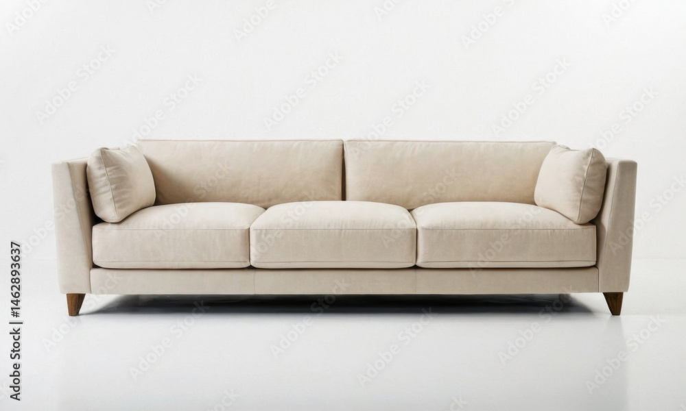 A beige couch sits on a clean white floor, great for interior design or minimalist style images A beige couch sits on a clean white floor, great for interior design or minimalist style images