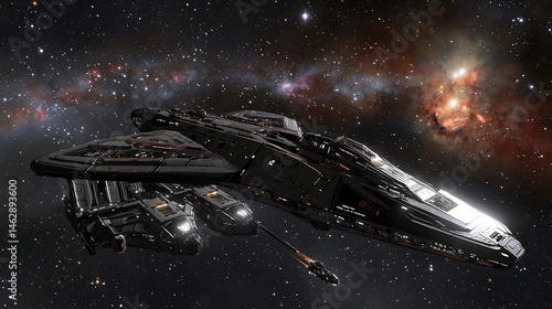 Fototapeta Naklejka Na Ścianę i Meble -  Futuristic spacecraft docking a massive space station vast galaxies in the background cinematic space docking