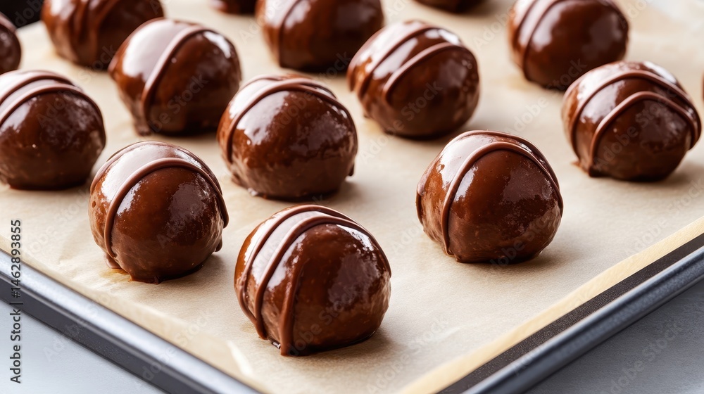 A tempting assortment of chocolate truffles, displayed on a baking tray, highlighting the artistry in confectionery and the irresistible allure of sweet treats. A tempting assortment of chocolate truffles, displayed on a baking tray, highlighting the artistry in confectionery and the irresistible allure of sweet treats.