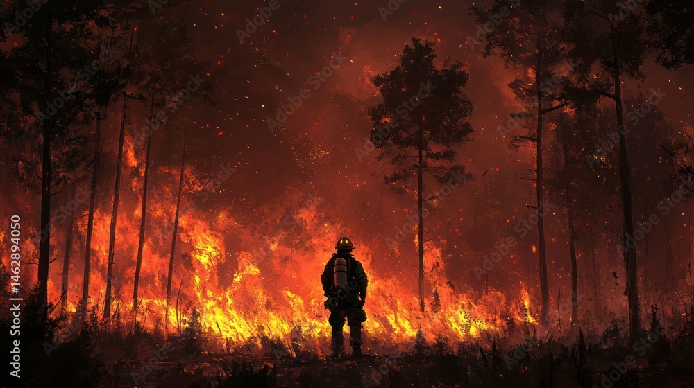 Fototapeta premium Firefighter facing wildfire, night, forest, intense flames, environmental disaster