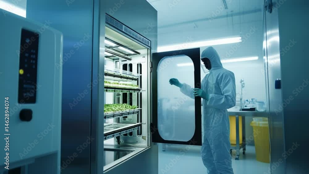 Scientist Examining Plant Growth in Controlled Environment Chamber, Biotech Research Scientist Examining Plant Growth in Controlled Environment Chamber, Biotech Research