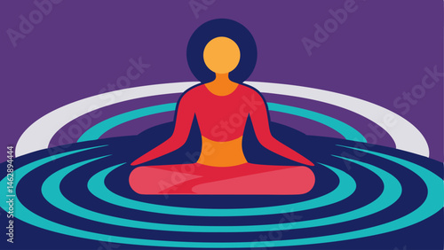 Mindfulness Session A peaceful figure seated crosslegged with vibrant ripples around their head showing the mindfulness achieved with the aid of the device.