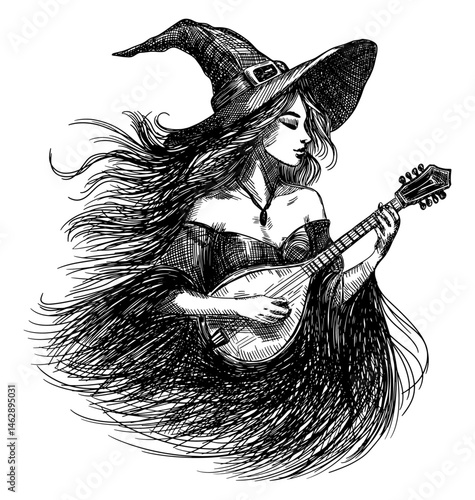 witch playing mandolin isolated hand drawn sketch dynamic mystical pose large pointed hat flowing dress fantasy halloween folklore magical black white line art detailed vector illustration