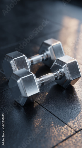Silver dumbbells resting on a gym floor with bright reflections  