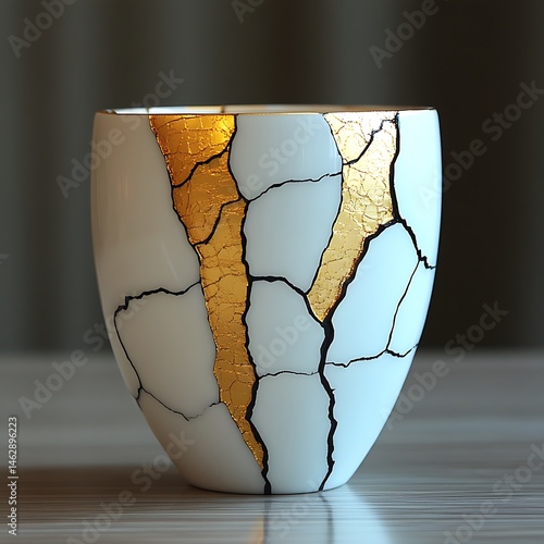 Kintsugi Photo Of A Repaired White Vase With Golden Seams Artistically