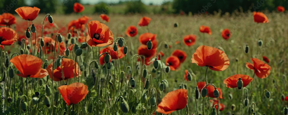 Fototapeta premium A bright and colorful image of a field filled with red poppies in full bloom, ideal for use in lifestyle, travel, or nature-themed projects