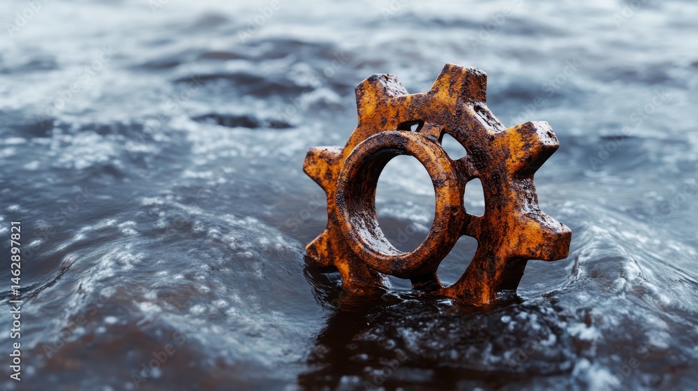 Fototapeta premium A rustic gear wheel resting in shallow water presents a unique blend of nature and industrial elements, illustrating the passage of time and man’s relationship with nature.