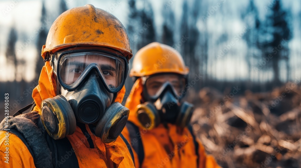 Two hazmat workers in bright protective gear and masks stand outdoors, surveying a worksite, reflecting dedication, safety, and the importance of environmental protection. Two hazmat workers in bright protective gear and masks stand outdoors, surveying a worksite, reflecting dedication, safety, and the importance of environmental protection.