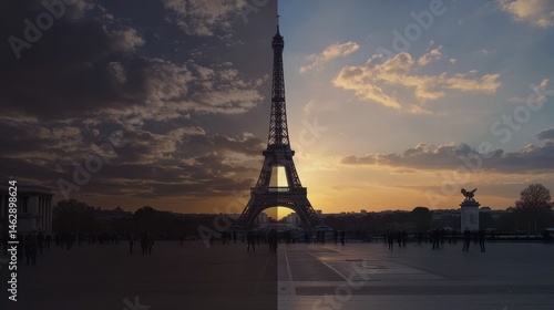Paris Eiffel Tower transition from twilight to sunrise. Crowds are visible in both halves of the image