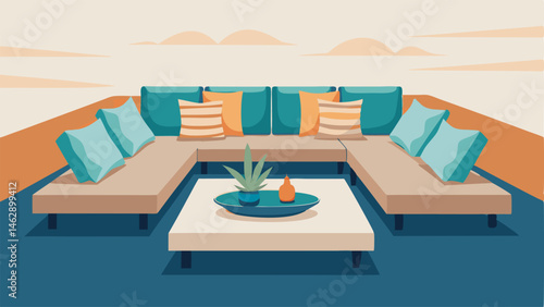 A sunken seating area with oversized printed pillows and a natural wood coffee table.