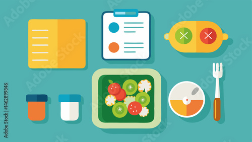 Meal Prep An overhead view of meal prep containers filled with balanced meals with a glucose monitor next to the food and a notebook recording nutritional information.
