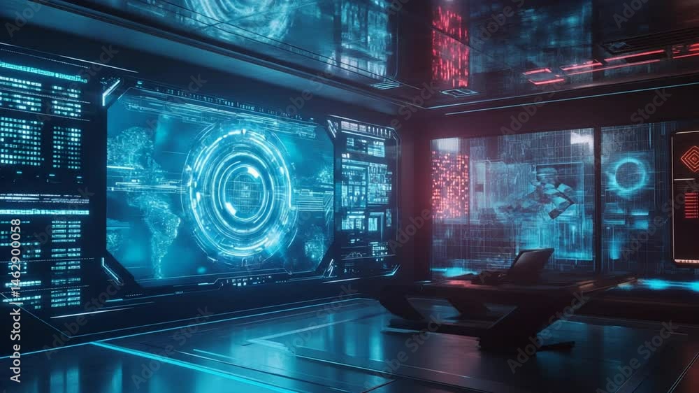 Futuristic control room with high-tech screens displaying complex data and information