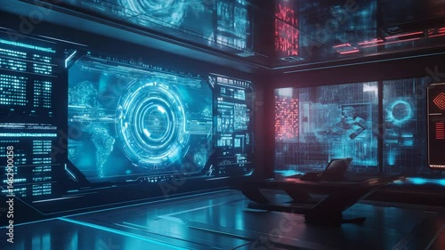 Futuristic control room with high-tech screens displaying complex data and information