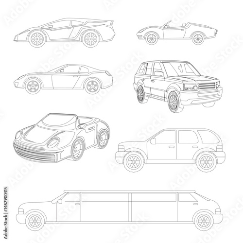 Modern Car Line Art & Blueprint Collection – Minimalist Technical Drawings of Sedans, SUVs, Coupes, Hatchbacks & Sports Cars