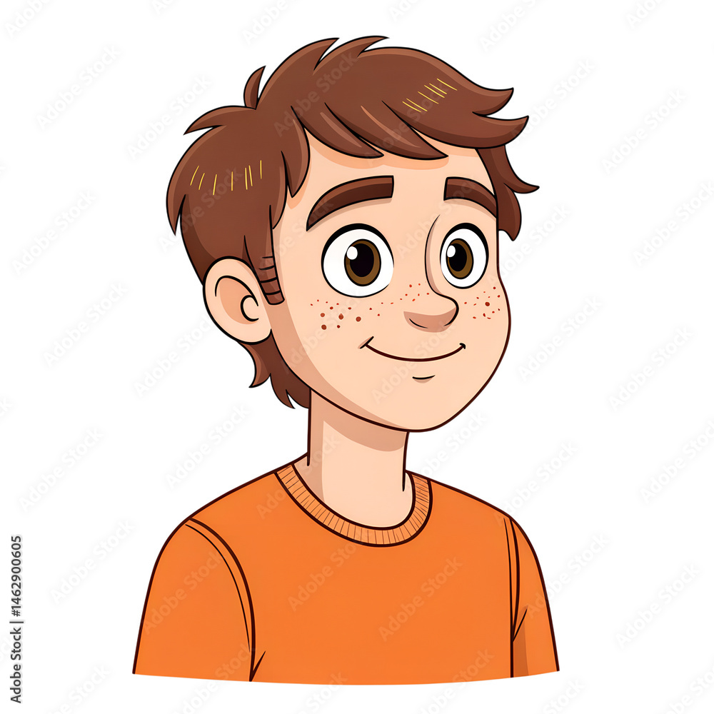 Obraz premium Cartoon Portrait of a Smiling Young Boy's Face with Brown Hair and Freckles on Transparent Background