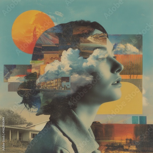Woman dreaming of nature, cities and clouds in surreal collage art