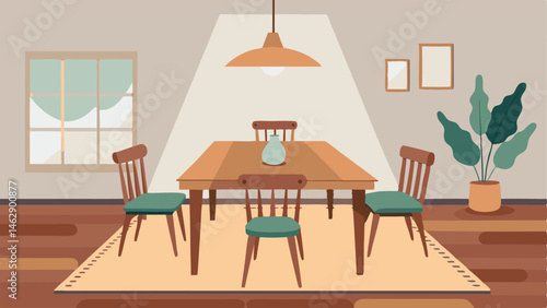 A rustic dining room featuring a natural wood table paired with mismatched chairs and a simple neutralcolored area rug.