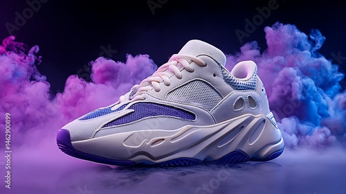 Stylish trainer set against a vibrant cloud background