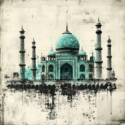 Aqua Taj Mahal, India, travel poster, grunge background
