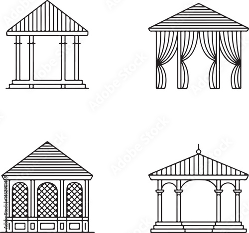 Set of Four Thin Line Style Gazebos and Garden Pavilions — Minimalist Vector Illustration of Outdoor Structures

