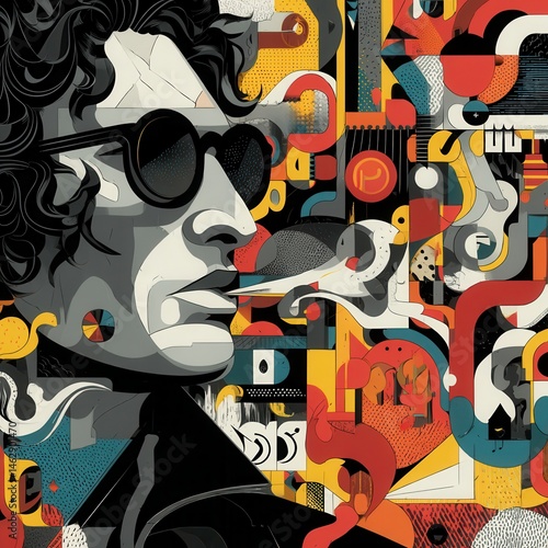 Musician smoking and exhaling abstract shapes and symbols pop art style