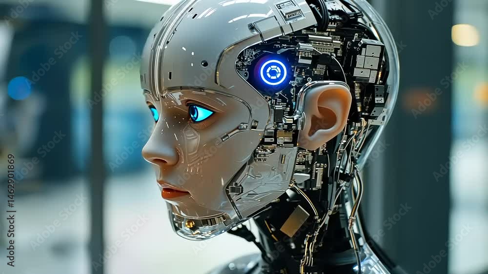 Futuristic Female Robot Head with Glowing Elements Close-up View Technology Futuristic Female Robot Head with Glowing Elements Close-up View Technology