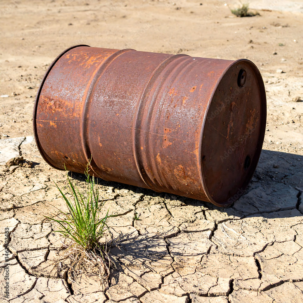 Rusty barrel on cracked earth. Symbolizes environmental concerns, decay, pollution, drought, and industrial waste. Use for articles, ads, or educational materials. Rusty barrel on cracked earth. Symbolizes environmental concerns, decay, pollution, drought, and industrial waste. Use for articles, ads, or educational materials.