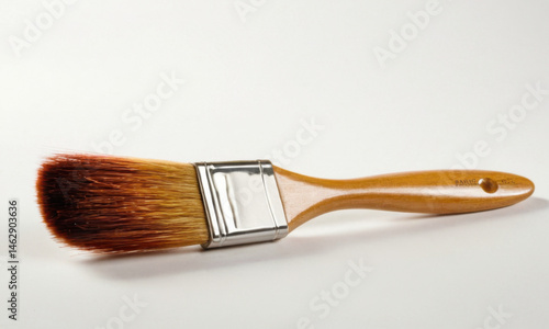 A close-up of a wooden paint brush resting on a white surface, awaiting its next use