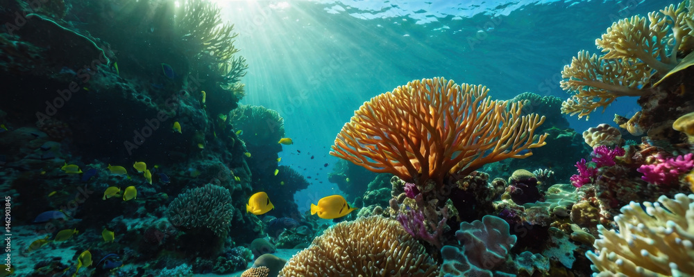 Obraz premium Colorful fish swim among coral and seaweed on the ocean floor