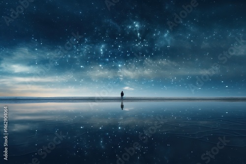 A person walking alone on a flat shore at night under the starry sky