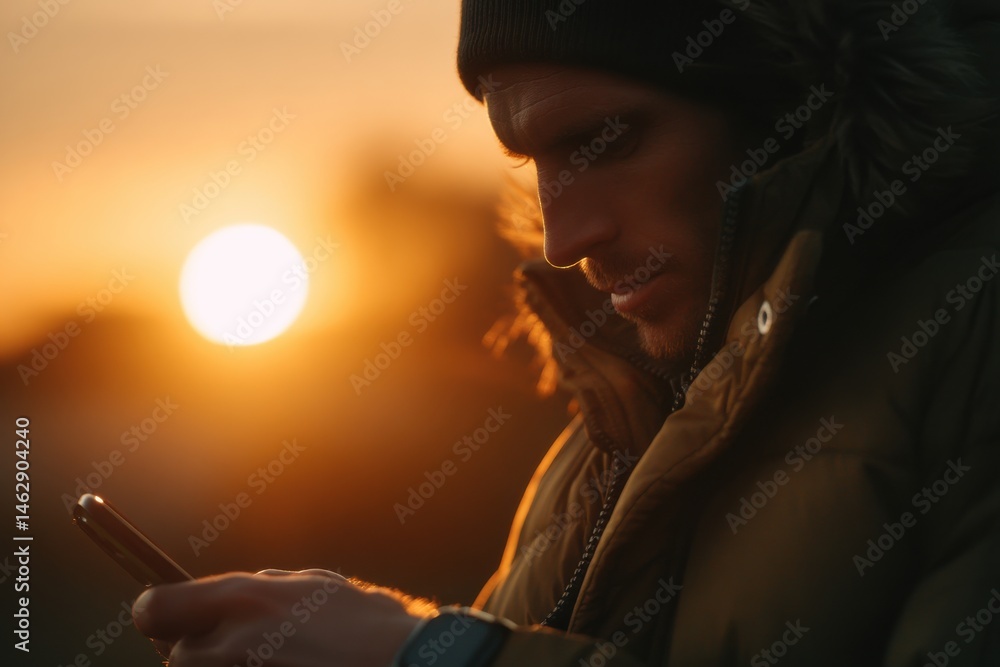 Obraz premium Close-up of a man in winter clothing using a smartphone at sunset, the golden light creating a silhouette and warm ambiance for outdoor winter adventures.