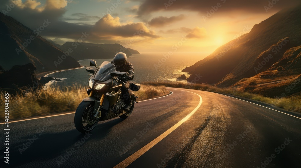 Motorcyclist riding down curved highway Motorcyclist riding down curved highway