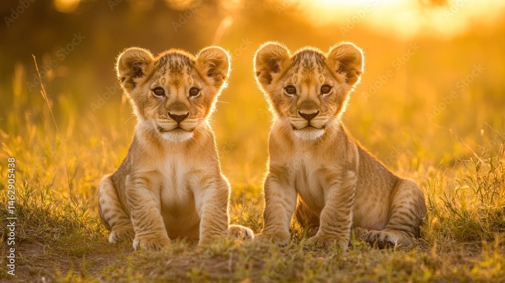 Obraz premium Two Cute Lion Cubs Sitting in Golden Sunlight, Savannah Wildlife