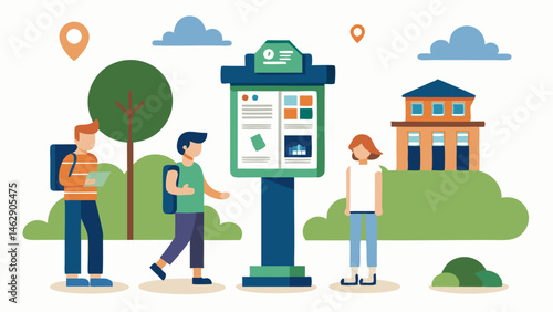 information kiosk with helpful campus guides and maps guiding students to various locations within the campus center.