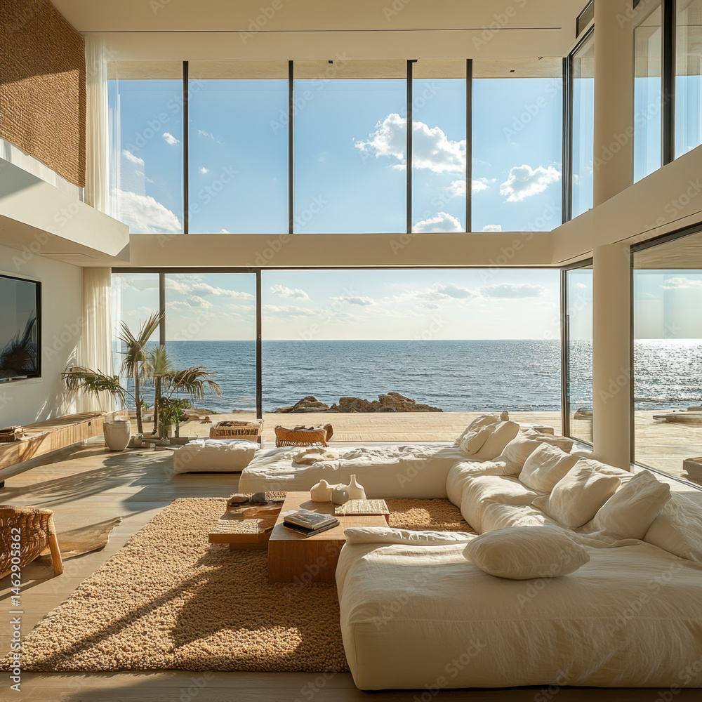 Fototapeta premium Living room with large window overlooking ocean. Coastal decor, blue accents. Plush sofa, wooden coffee table. Serene view of waves, sunny skies.